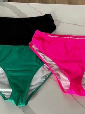 Three Women’s High-Waist Swim Bottoms - Hot Pink, Emerald, Black